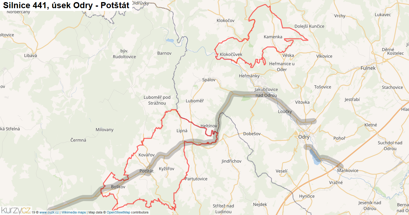 Úsek Odry - Potštát, Silnice 441 - Mapa