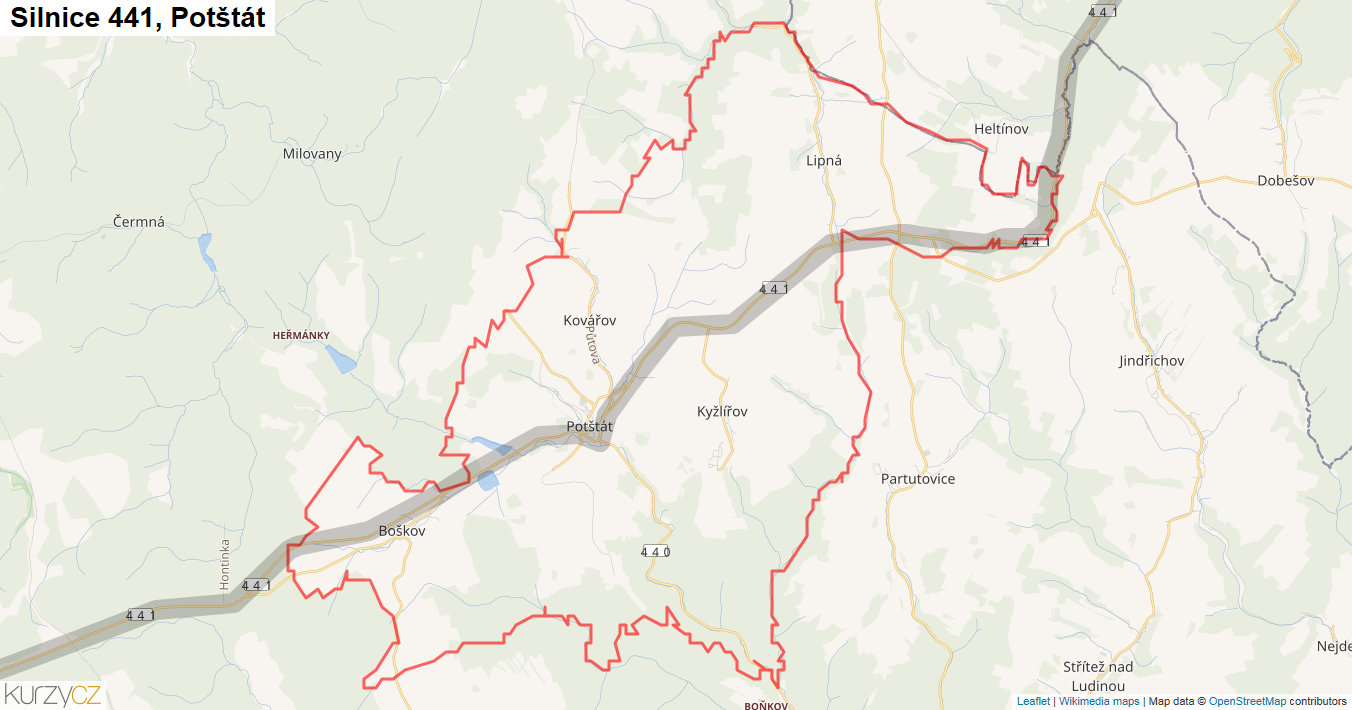 Potštát, Silnice 441 - Mapa