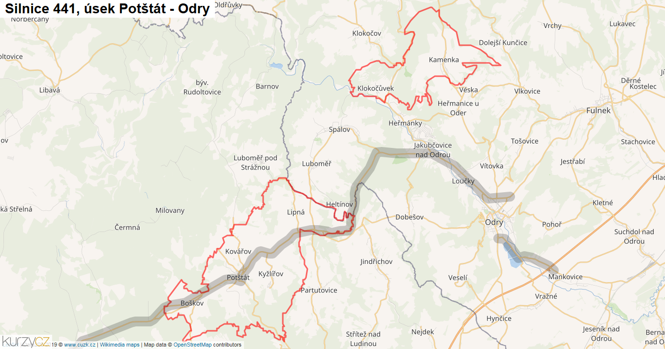 Úsek Potštát - Odry, Silnice 441 - Mapa