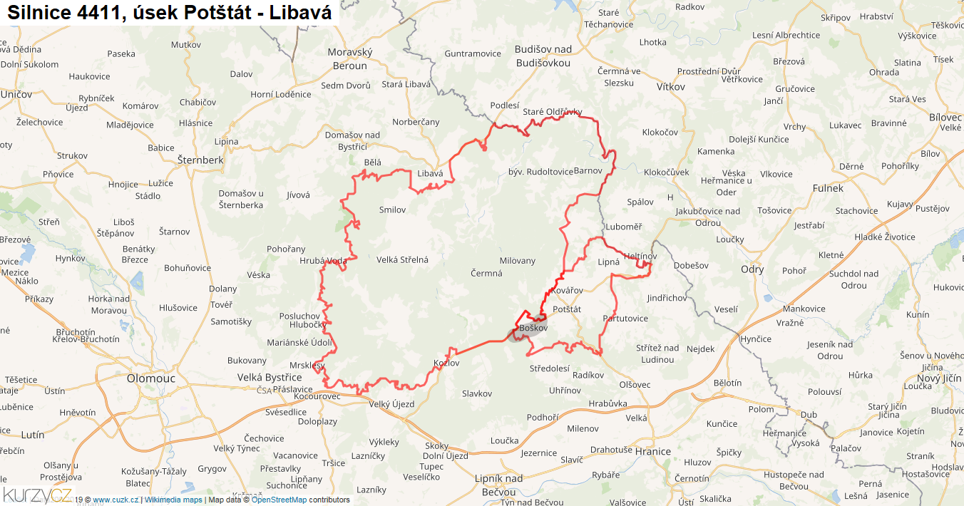 Úsek Potštát - Libavá, Silnice 4411 - Mapa
