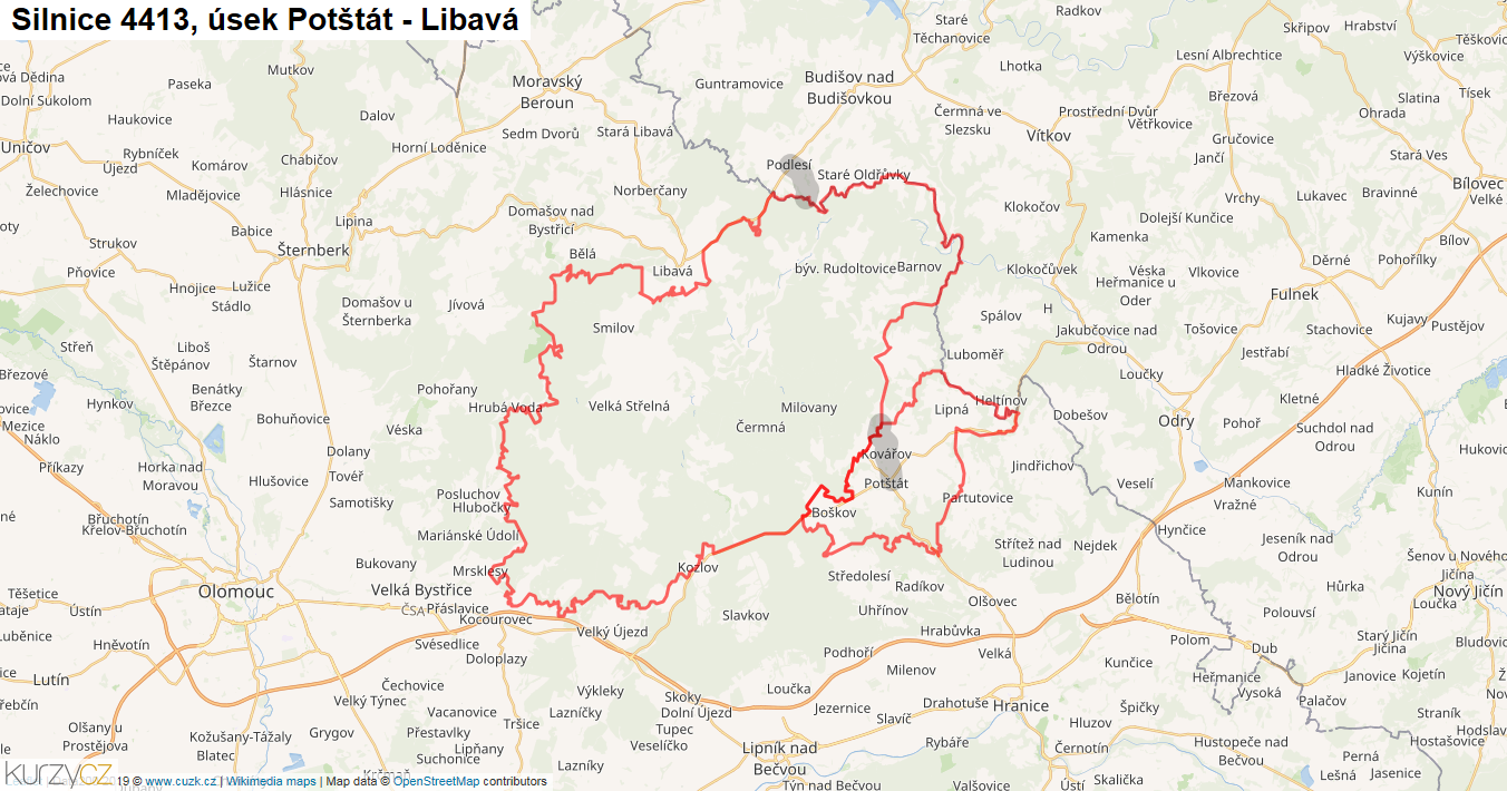 Úsek Potštát - Libavá, Silnice 4413 - Mapa