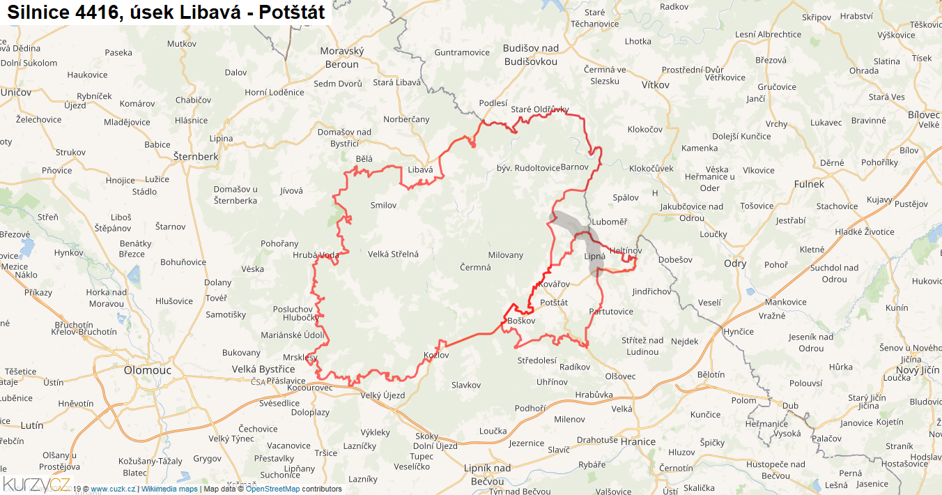 Úsek Libavá - Potštát, Silnice 4416 - Mapa