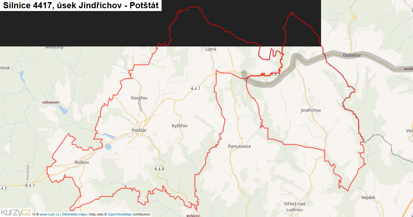 Úsek Jindřichov - Potštát, Silnice 4417 - Mapa