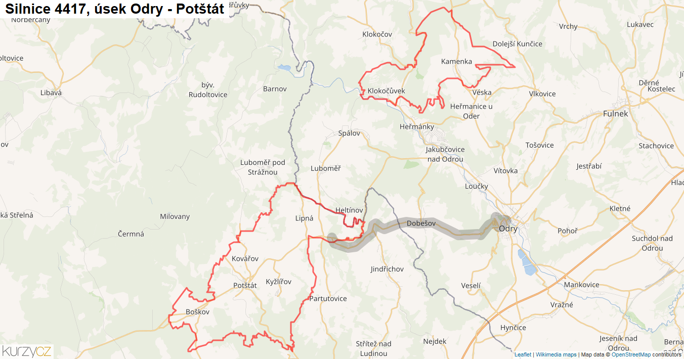 Úsek Odry - Potštát, Silnice 4417 - Mapa