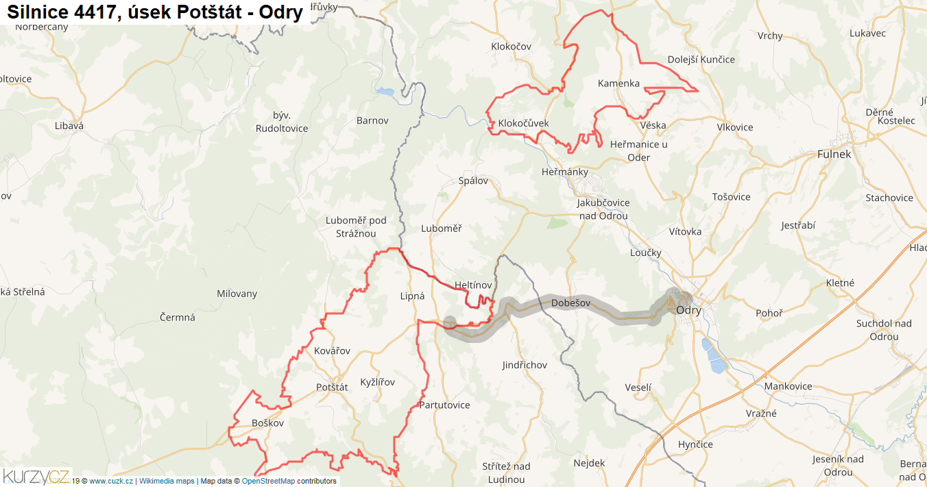 Úsek Potštát - Odry, Silnice 4417 - Mapa