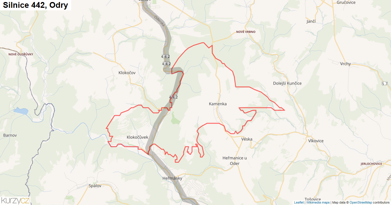 Odry, Silnice 442 - Mapa