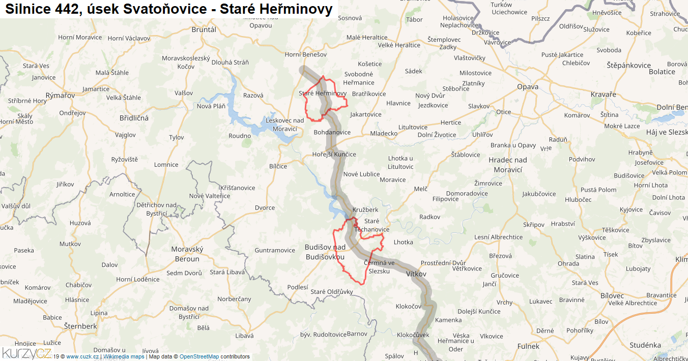 Úsek Svatoňovice - Staré Heřminovy, Silnice 442 - Mapa