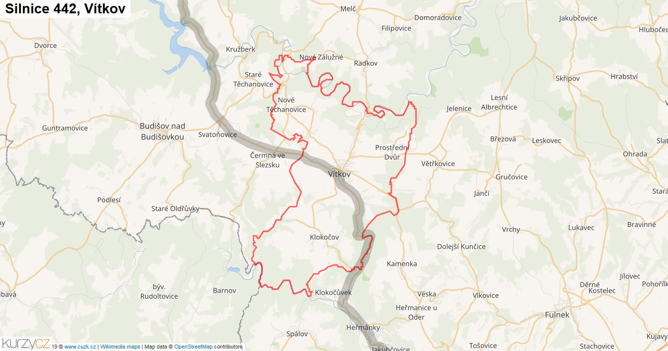 Vítkov, Silnice 442 - Mapa