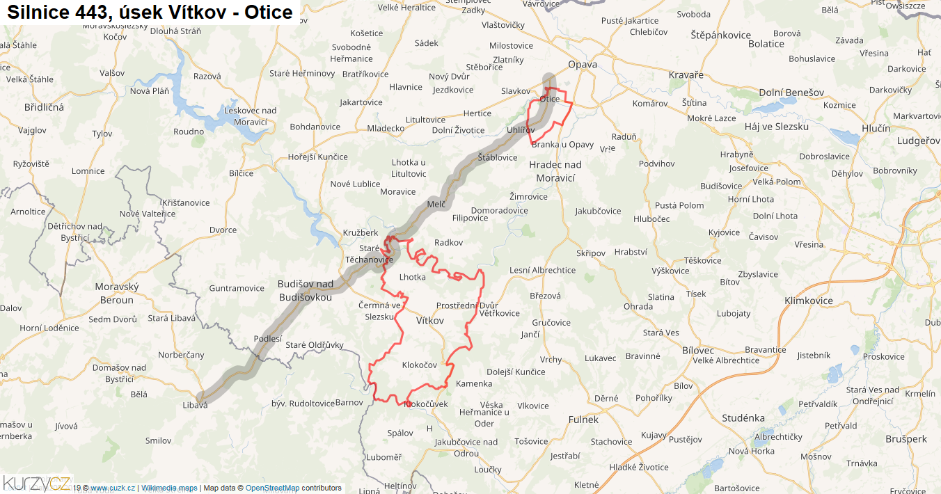 Úsek Vítkov - Otice, Silnice 443 - Mapa