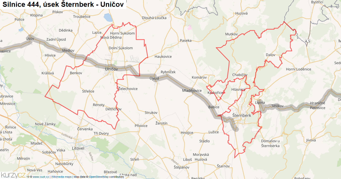 Úsek Šternberk - Uničov, Silnice 444 - Mapa