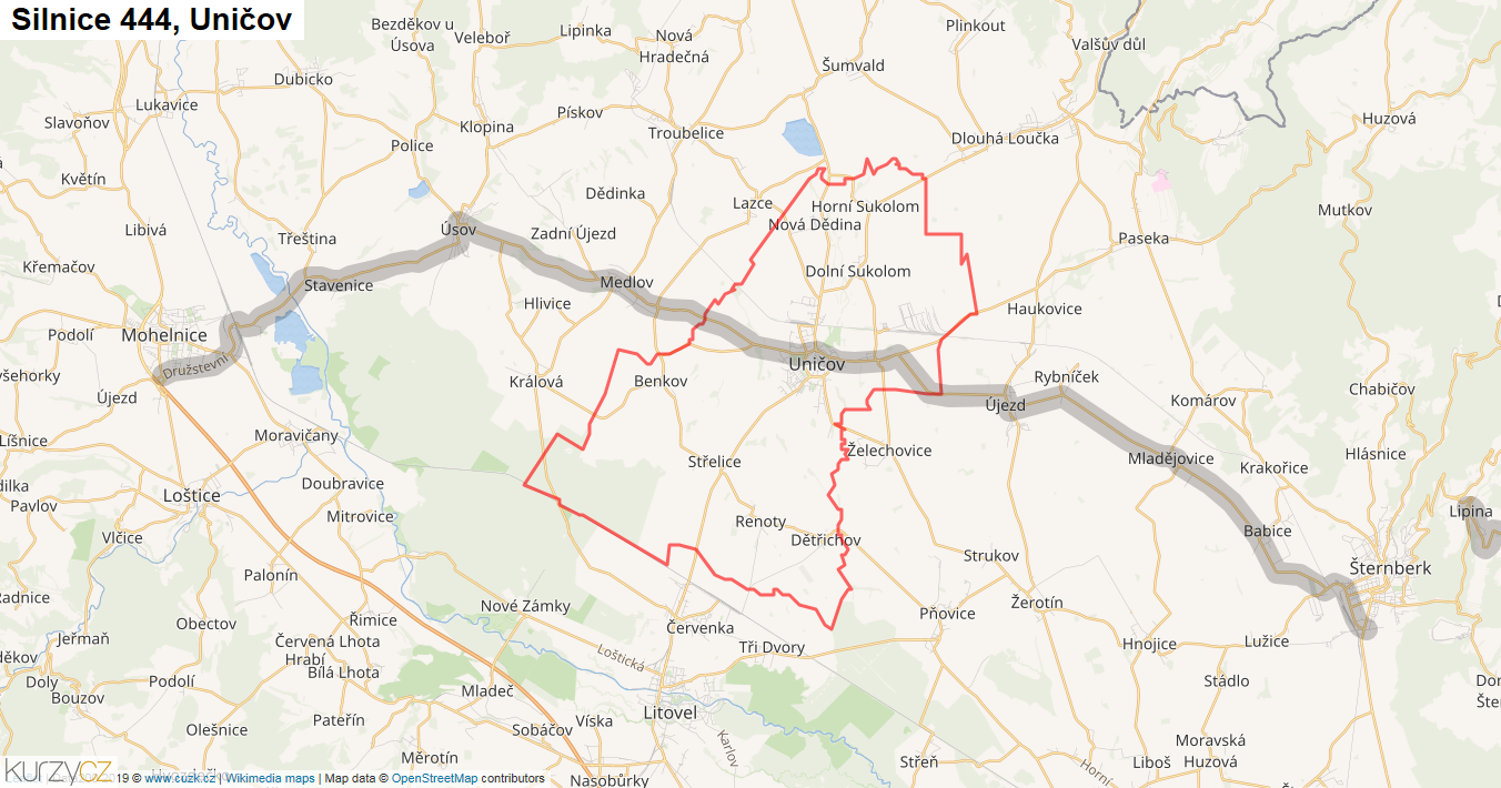 Uničov, Silnice 444 - Mapa