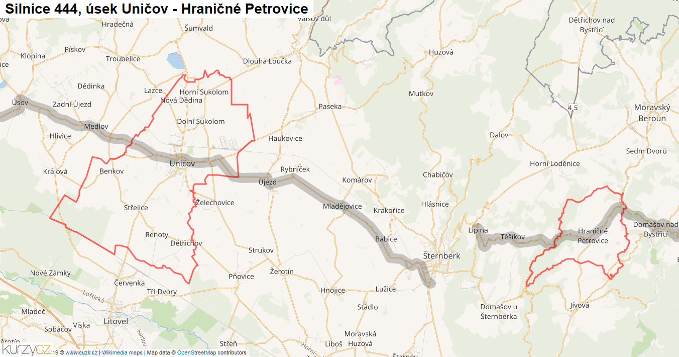 Úsek Uničov - Hraničné Petrovice, Silnice 444 - Mapa