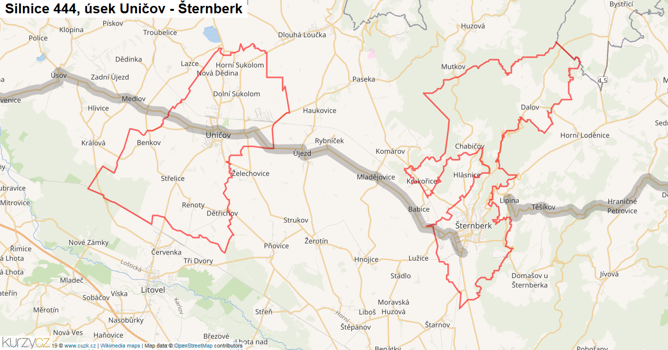 Úsek Uničov - Šternberk, Silnice 444 - Mapa
