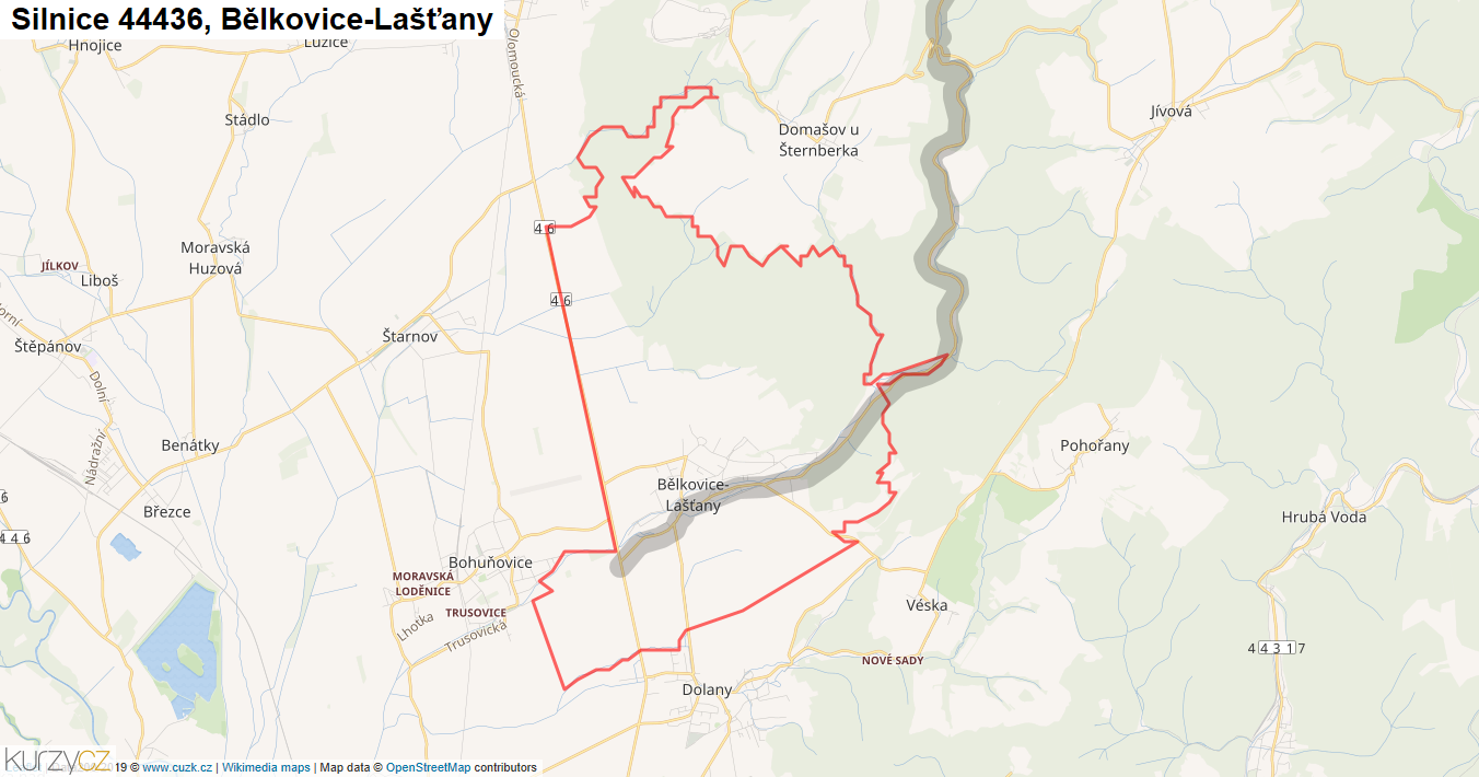 Bělkovice-Lašťany, Silnice 44436 - Mapa