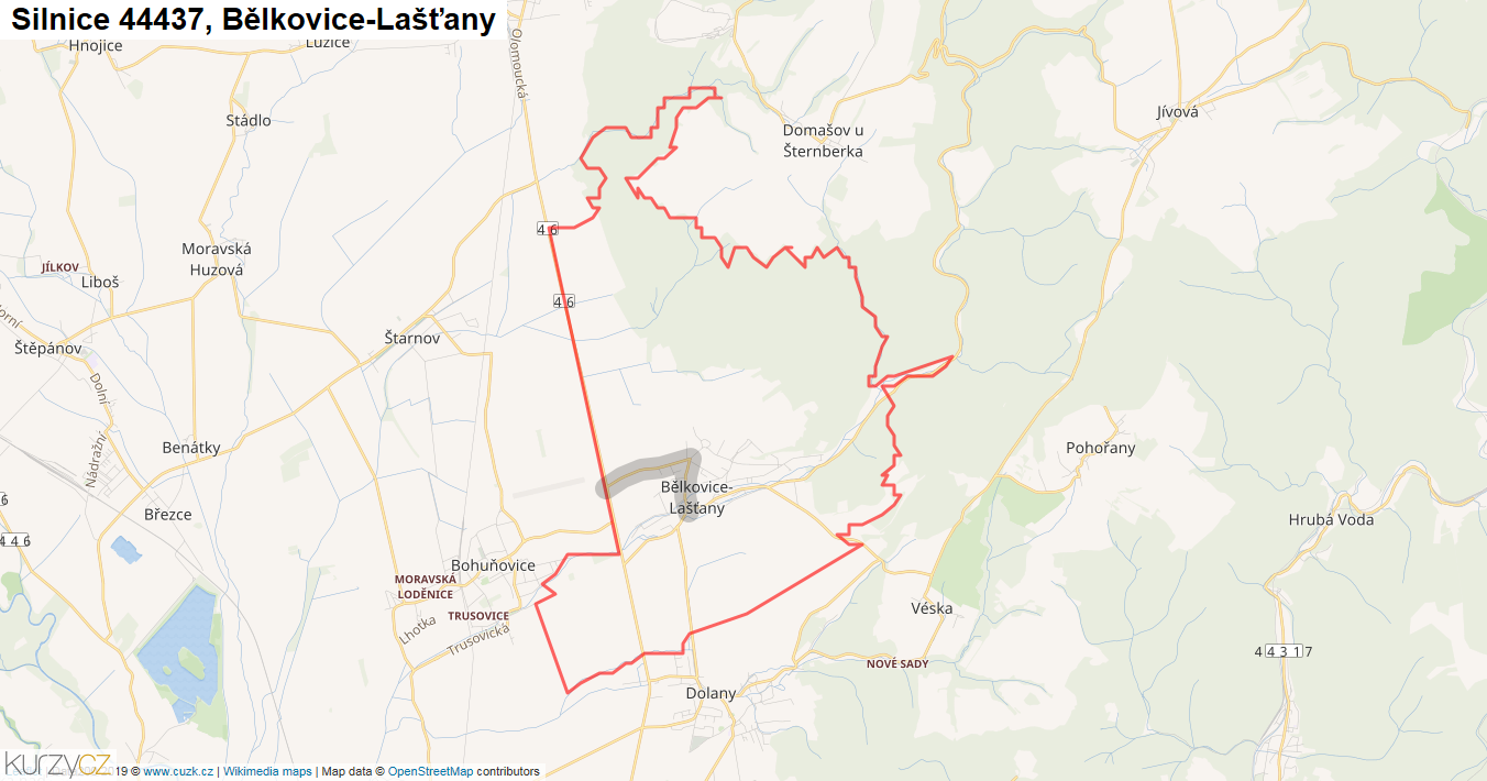 Bělkovice-Lašťany, Silnice 44437 - Mapa
