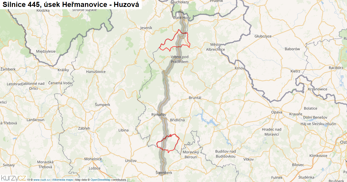 Úsek Heřmanovice - Huzová, Silnice 445 - Mapa