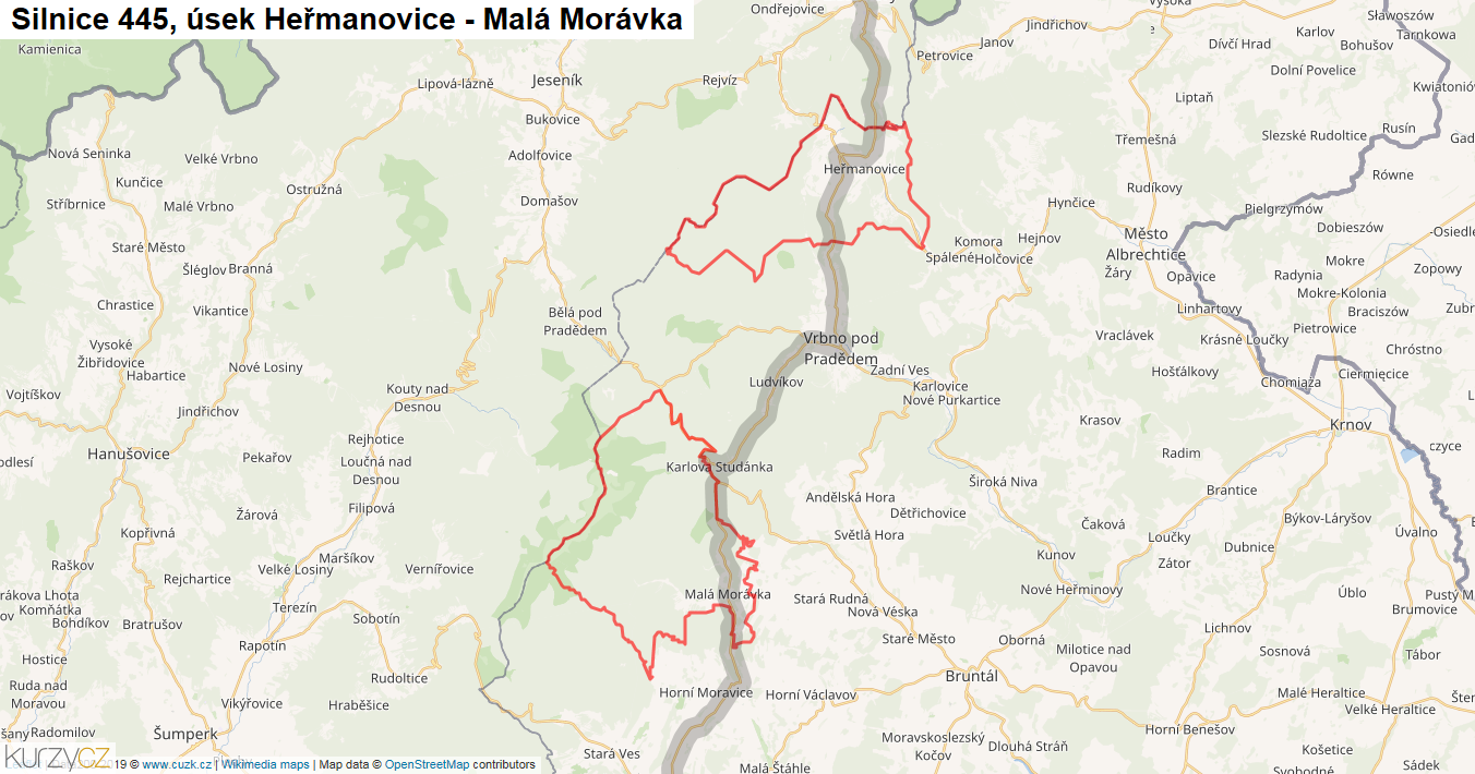 Úsek Heřmanovice - Malá Morávka, Silnice 445 - Mapa