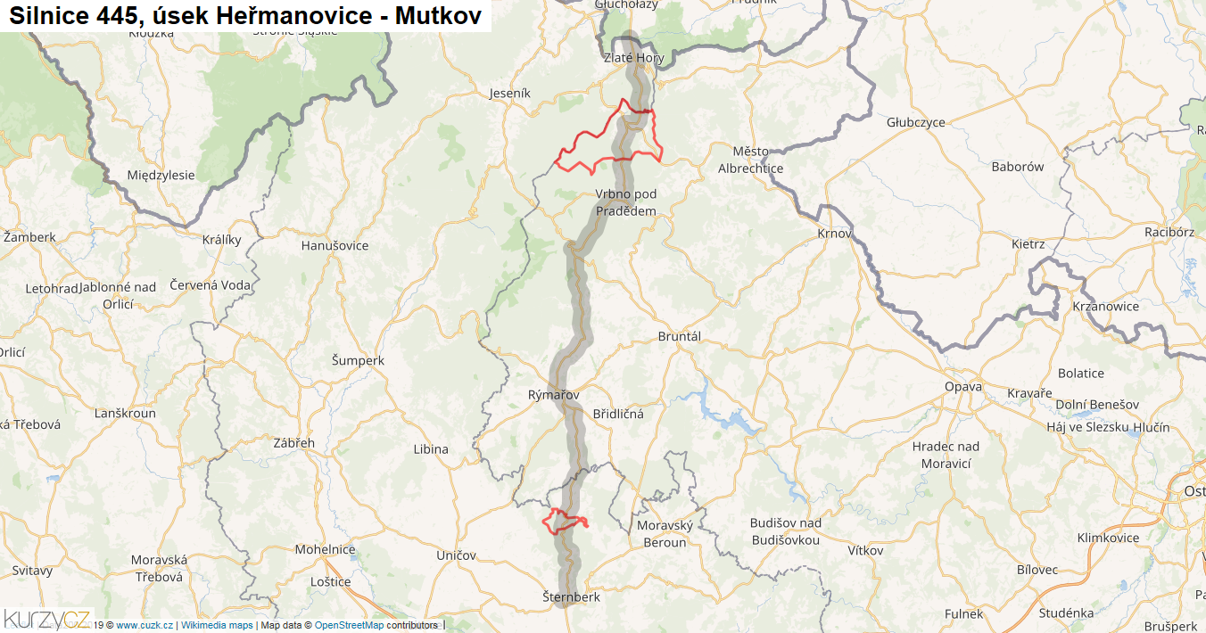 Úsek Heřmanovice - Mutkov, Silnice 445 - Mapa