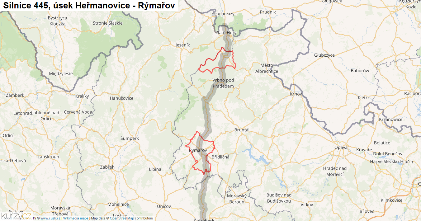 Úsek Heřmanovice - Rýmařov, Silnice 445 - Mapa