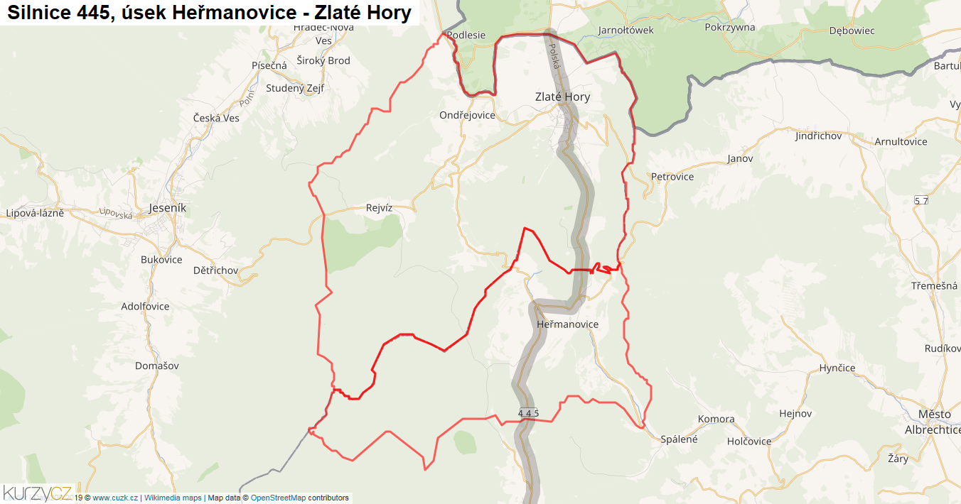 Úsek Heřmanovice - Zlaté Hory, Silnice 445 - Mapa
