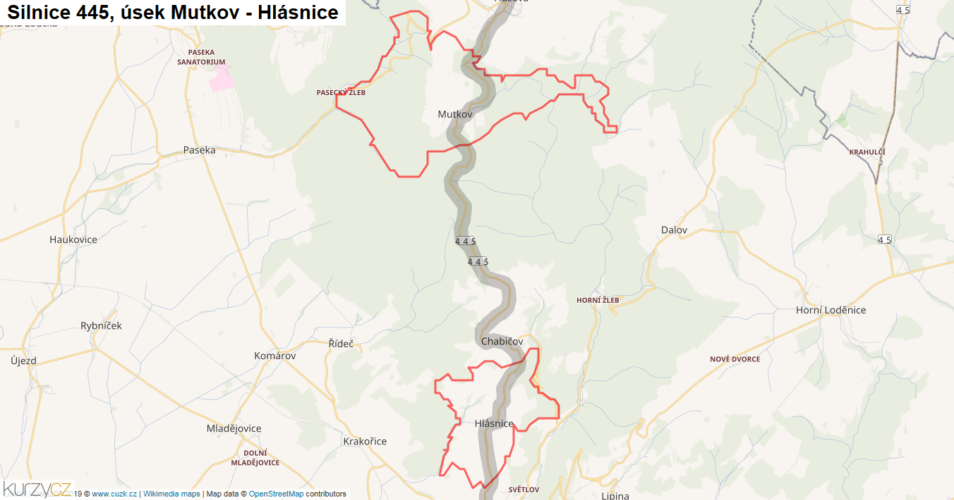 Úsek Mutkov - Hlásnice, Silnice 445 - Mapa