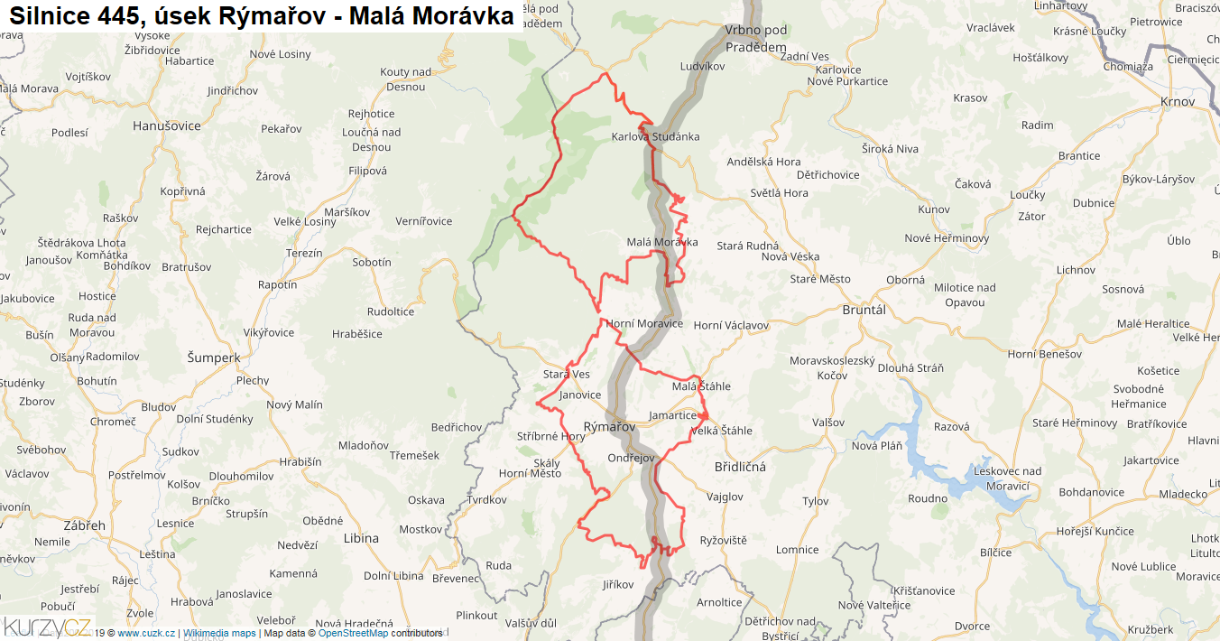 Úsek Rýmařov - Malá Morávka, Silnice 445 - Mapa