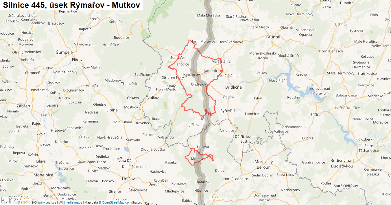 Úsek Rýmařov - Mutkov, Silnice 445 - Mapa