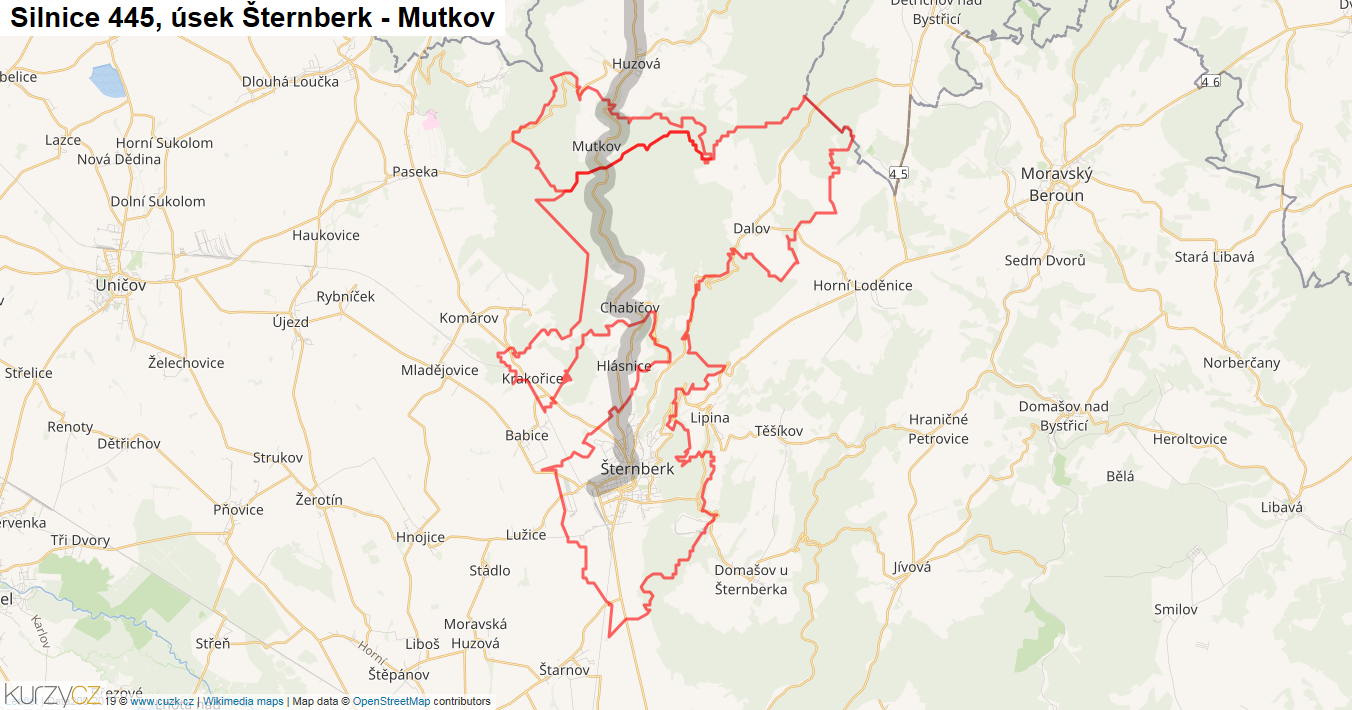 Úsek Šternberk - Mutkov, Silnice 445 - Mapa