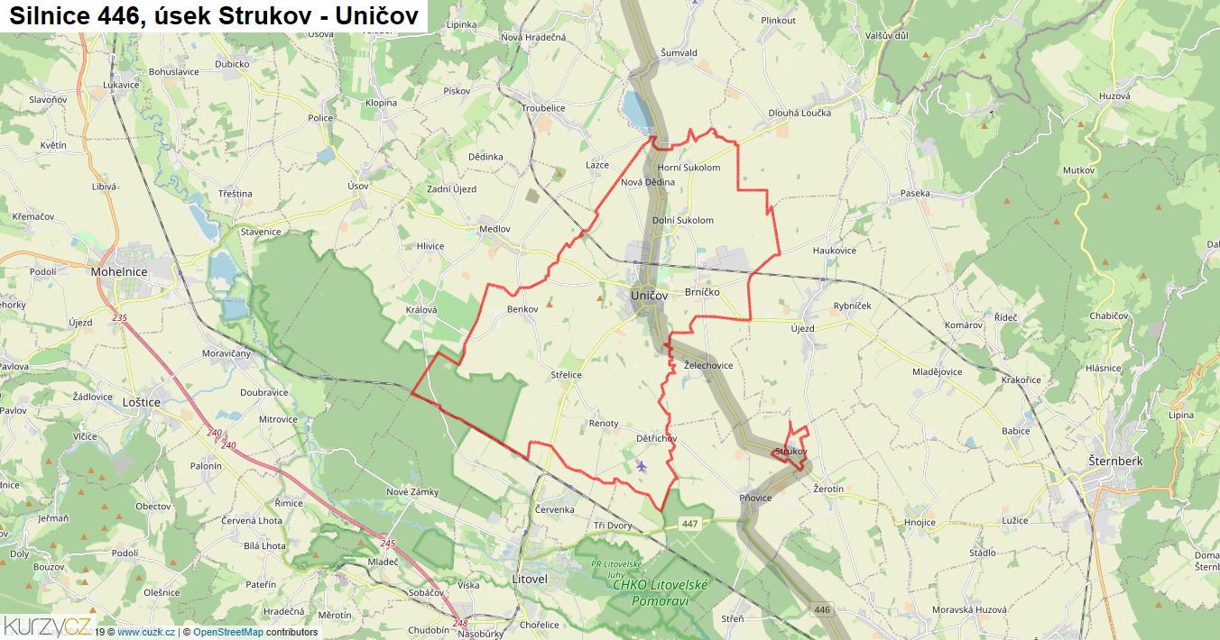 Úsek Strukov - Uničov, Silnice 446 - Mapa