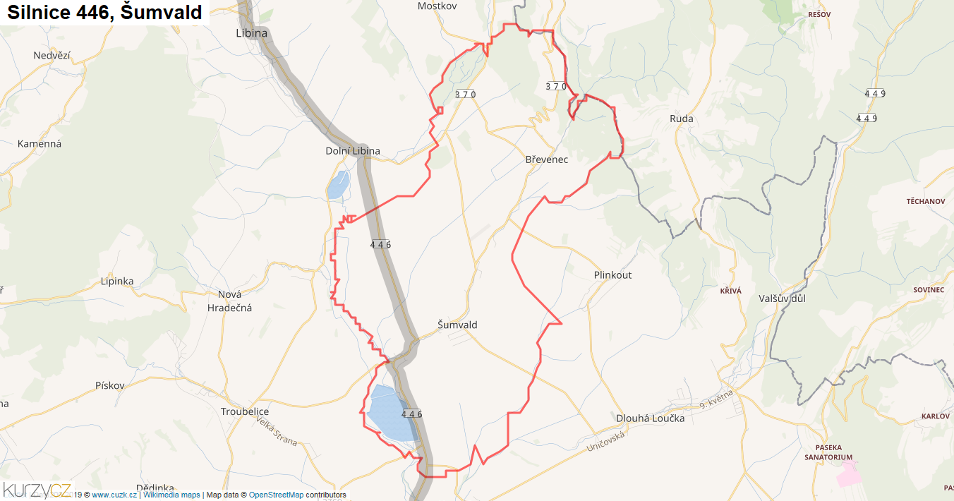 Šumvald, Silnice 446 - Mapa