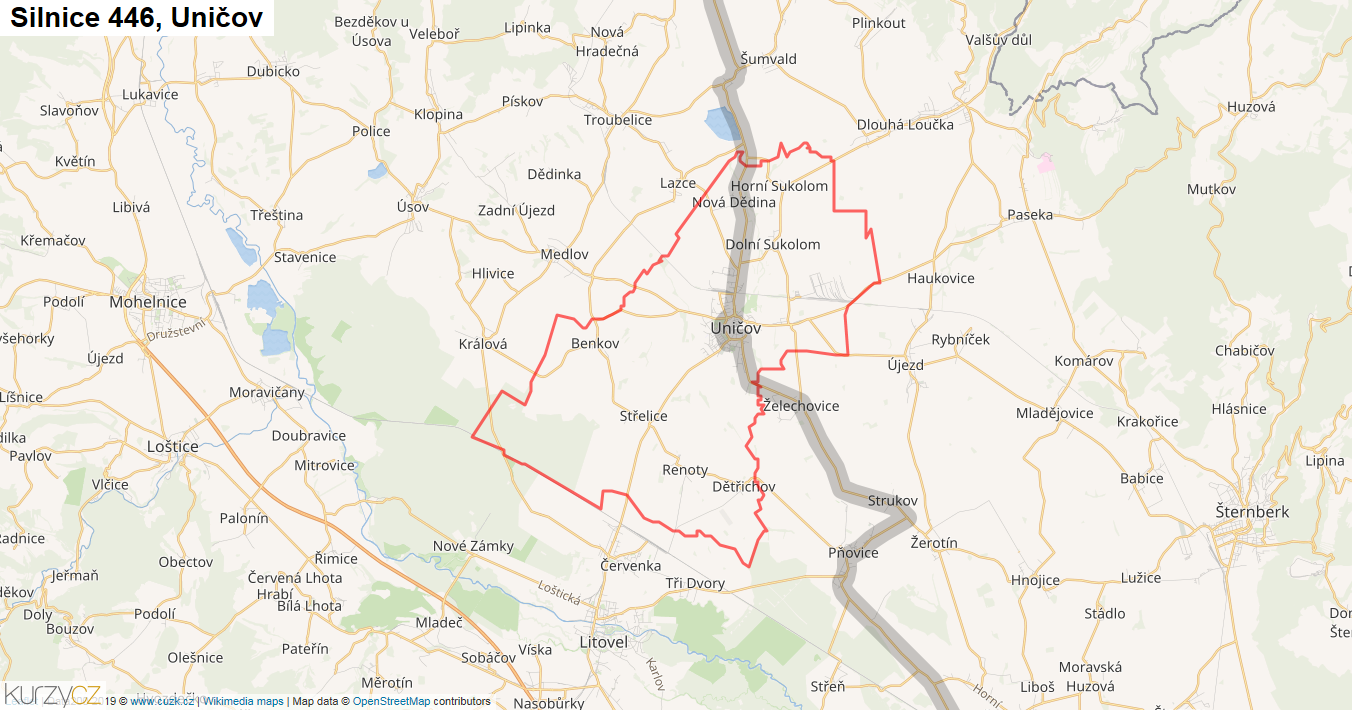 Uničov, Silnice 446 - Mapa