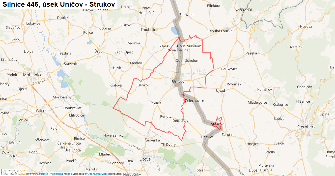 Úsek Uničov - Strukov, Silnice 446 - Mapa