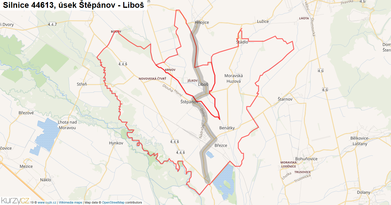 Úsek Štěpánov - Liboš, Silnice 44613 - Mapa