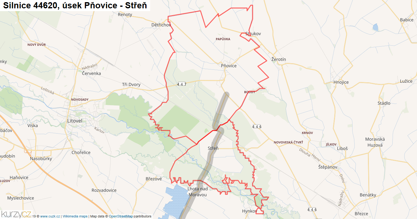 Úsek Pňovice - Střeň, Silnice 44620 - Mapa