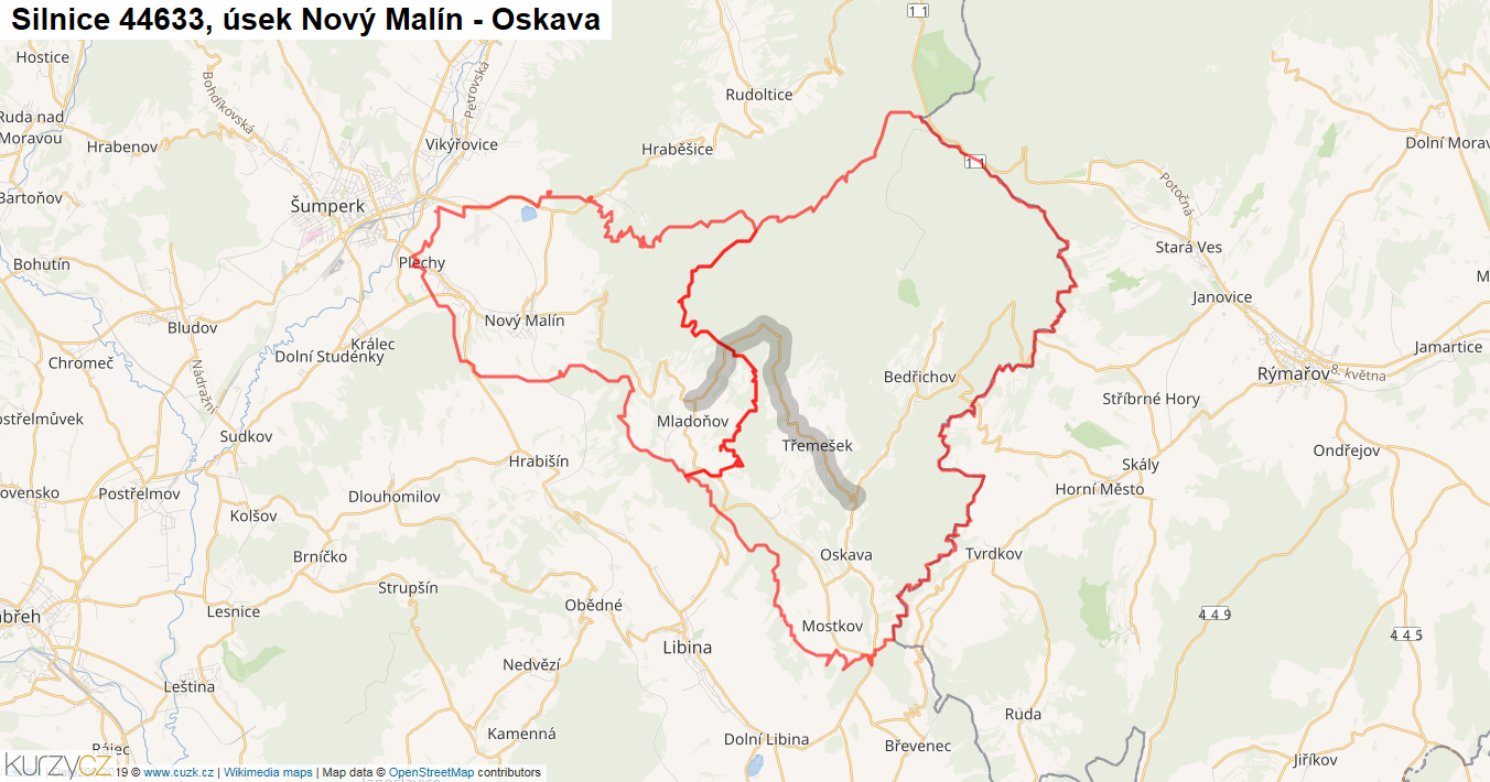 Úsek Nový Malín - Oskava, Silnice 44633 - Mapa