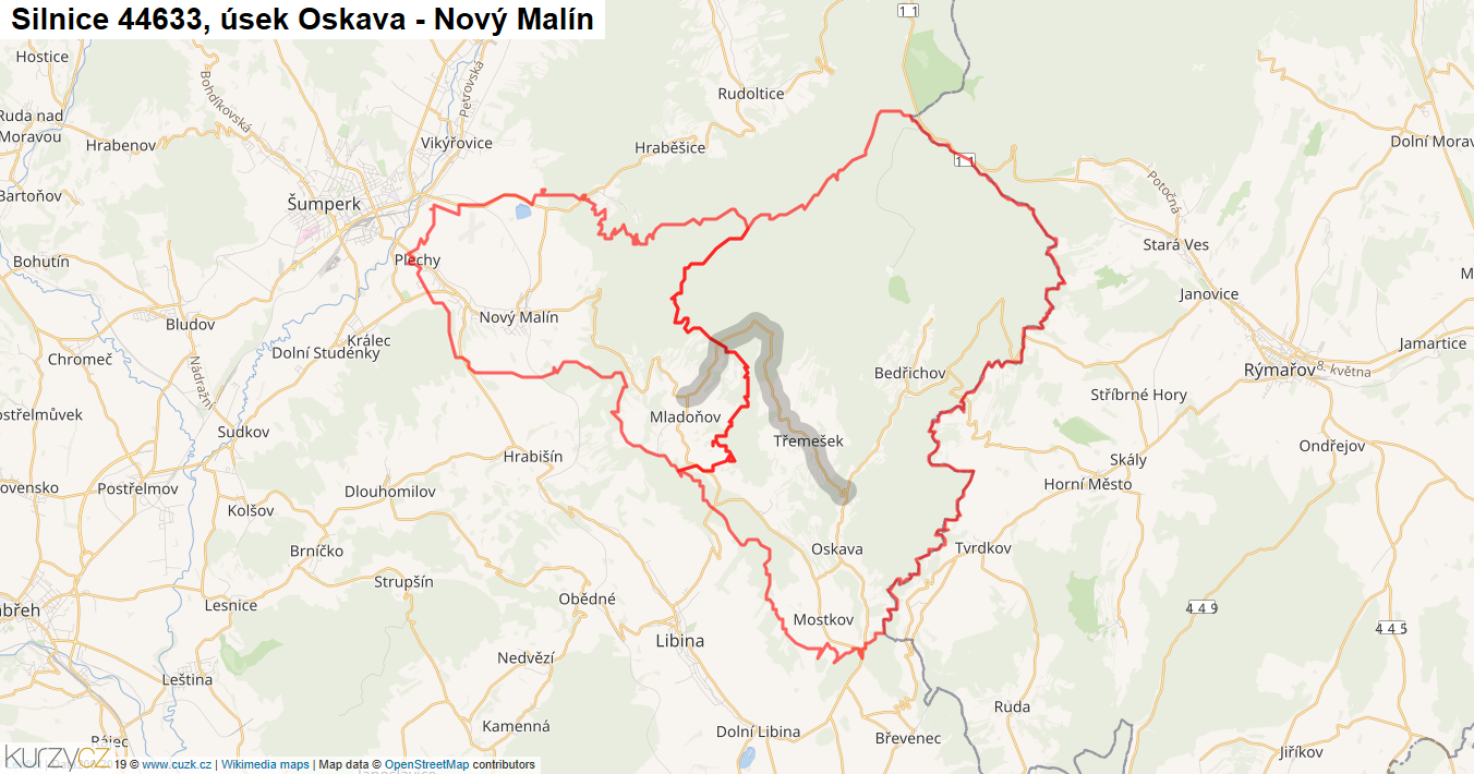 Úsek Oskava - Nový Malín, Silnice 44633 - Mapa