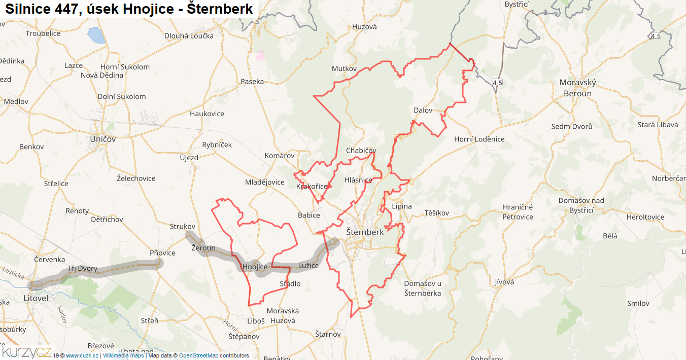 Úsek Hnojice - Šternberk, Silnice 447 - Mapa