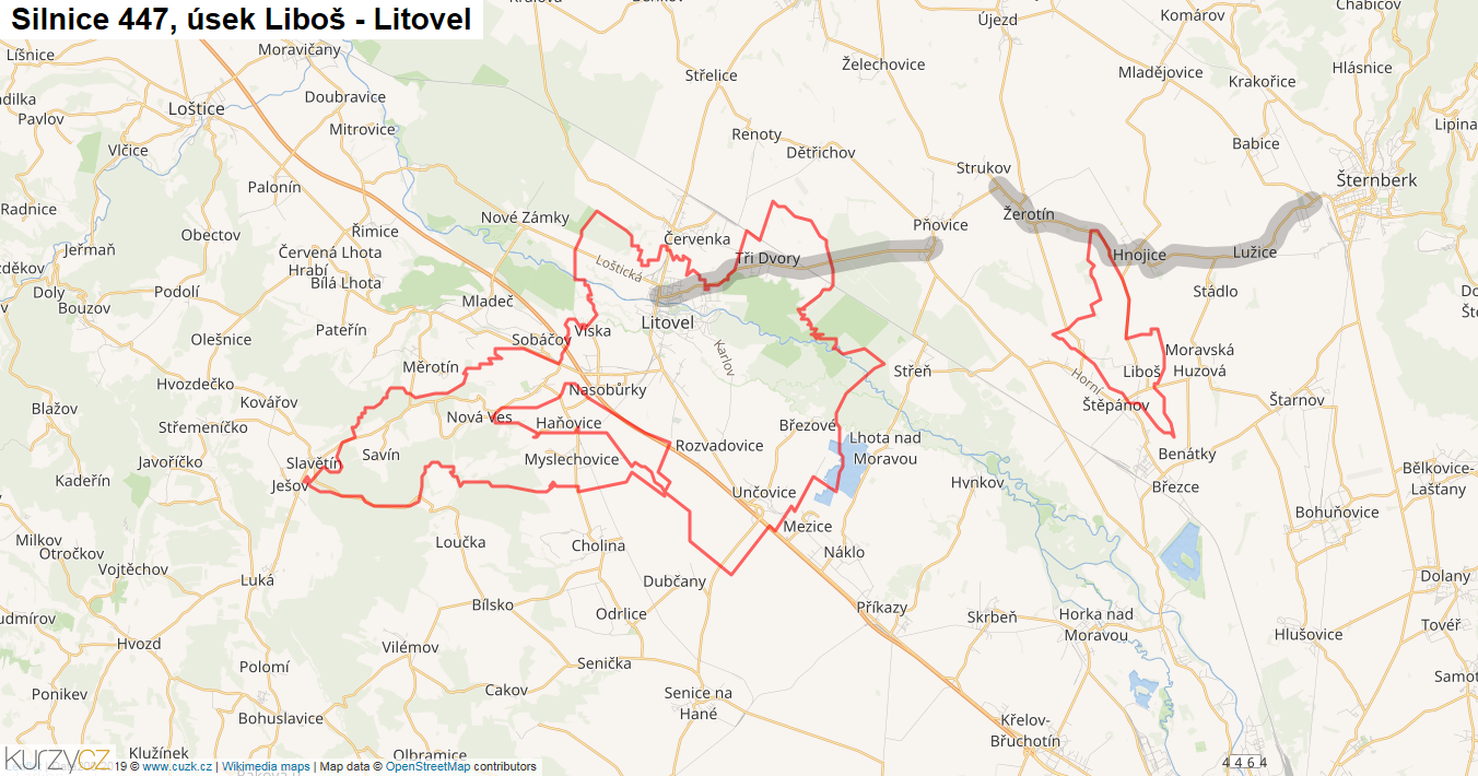 Úsek Liboš - Litovel, Silnice 447 - Mapa