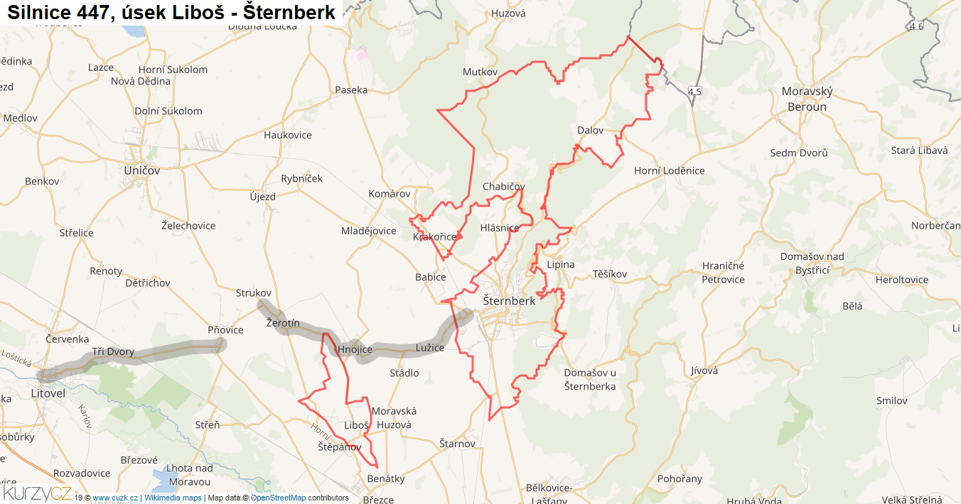 Úsek Liboš - Šternberk, Silnice 447 - Mapa