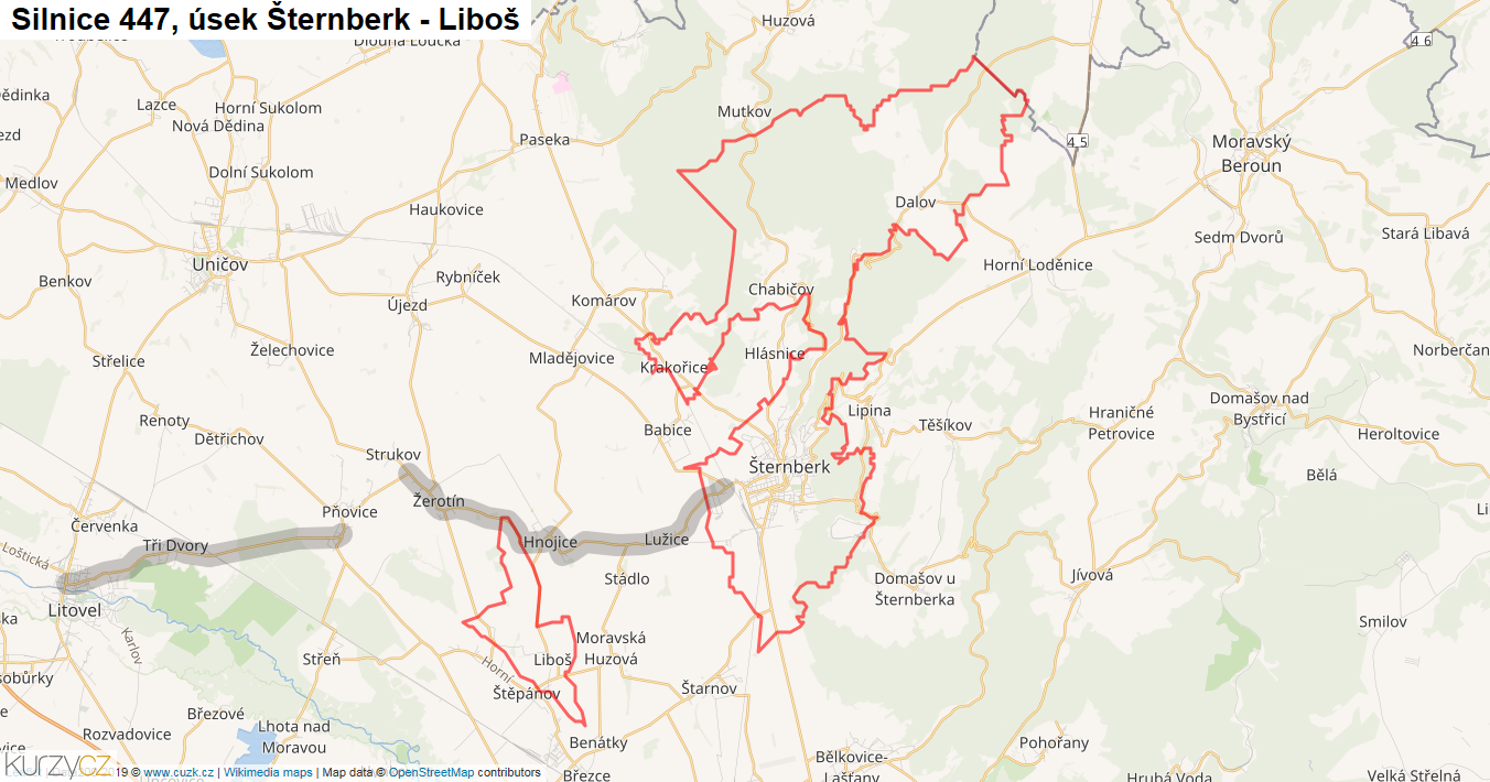 Úsek Šternberk - Liboš, Silnice 447 - Mapa