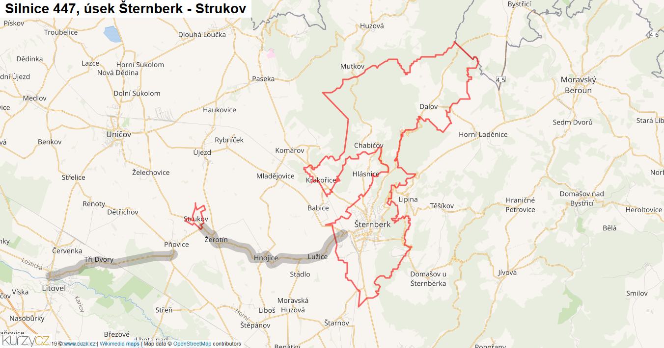 Úsek Šternberk - Strukov, Silnice 447 - Mapa