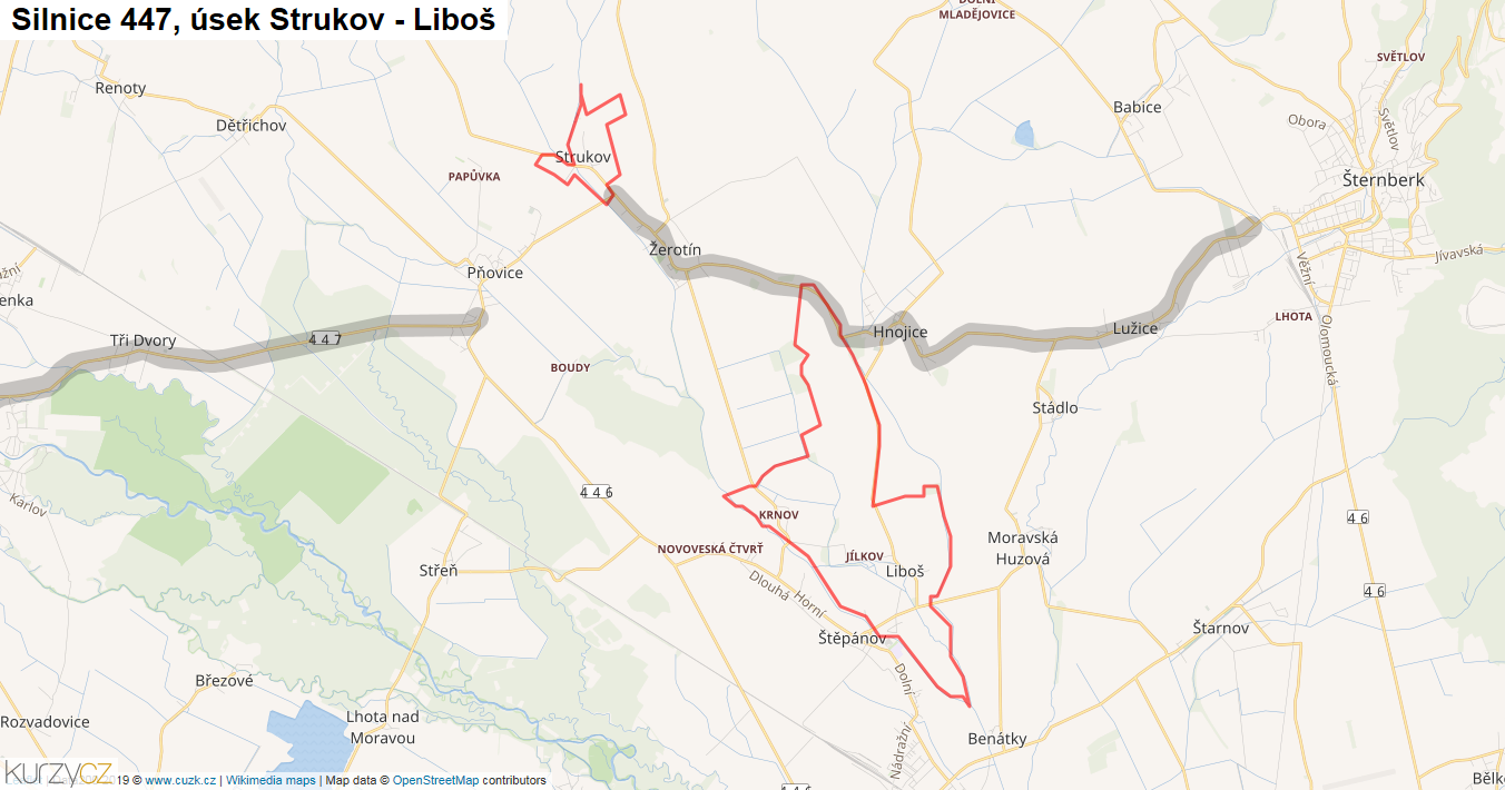 Úsek Strukov - Liboš, Silnice 447 - Mapa