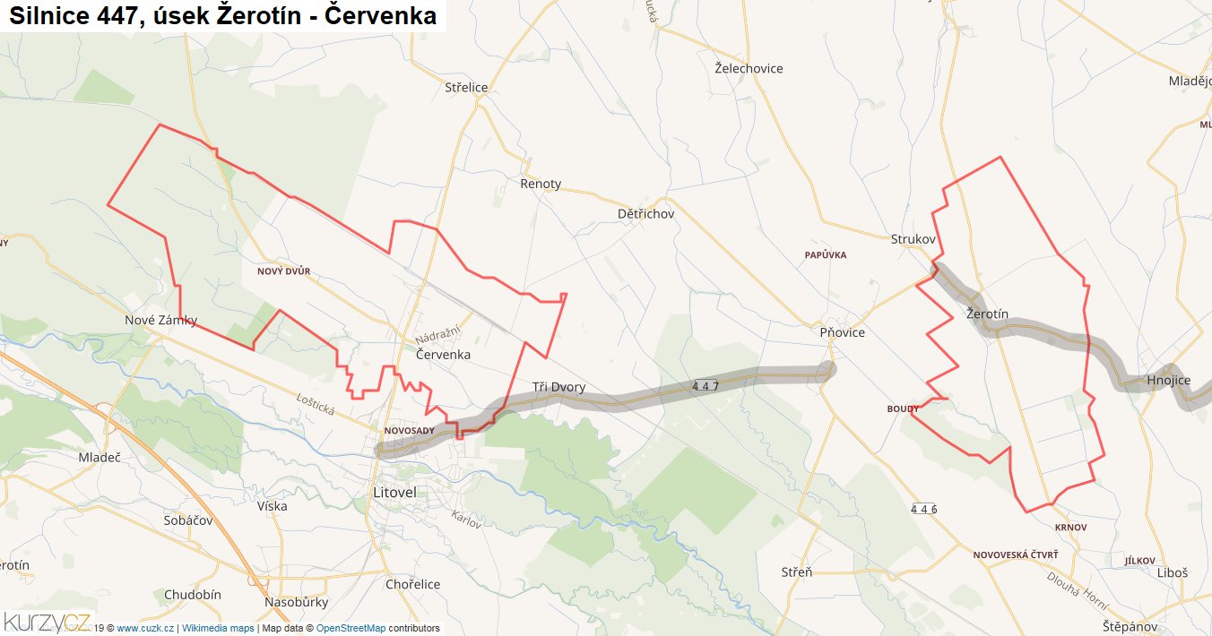 Úsek Žerotín - Červenka, Silnice 447 - Mapa