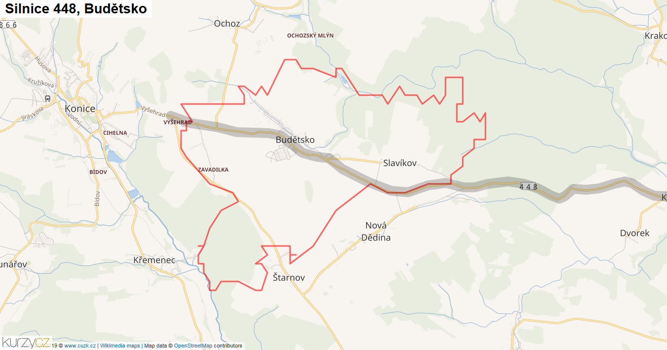 Budětsko, Silnice 448 - Mapa