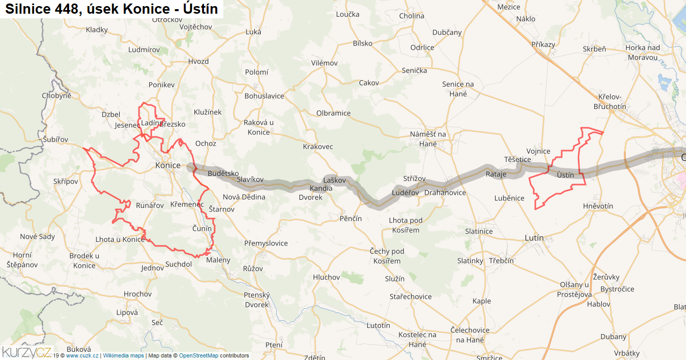 Úsek Konice - Ústín, Silnice 448 - Mapa