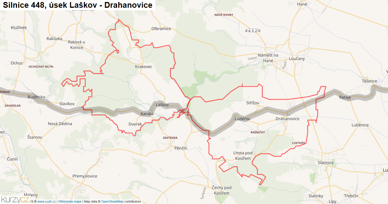 Úsek Laškov - Drahanovice, Silnice 448 - Mapa