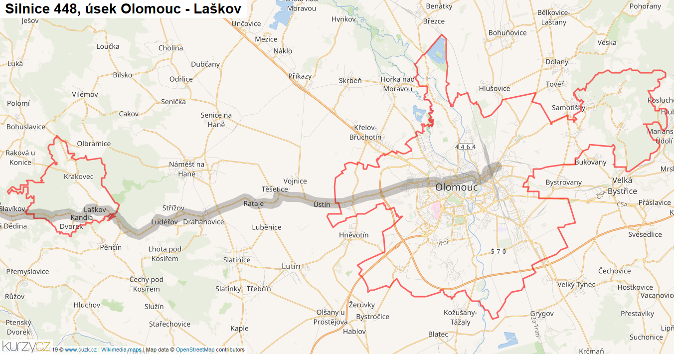 Úsek Olomouc - Laškov, Silnice 448 - Mapa