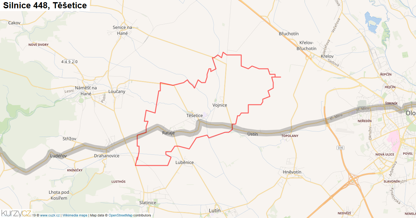Těšetice, Silnice 448 - Mapa