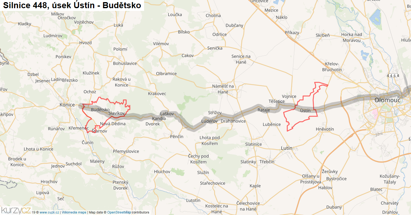 Úsek Ústín - Budětsko, Silnice 448 - Mapa
