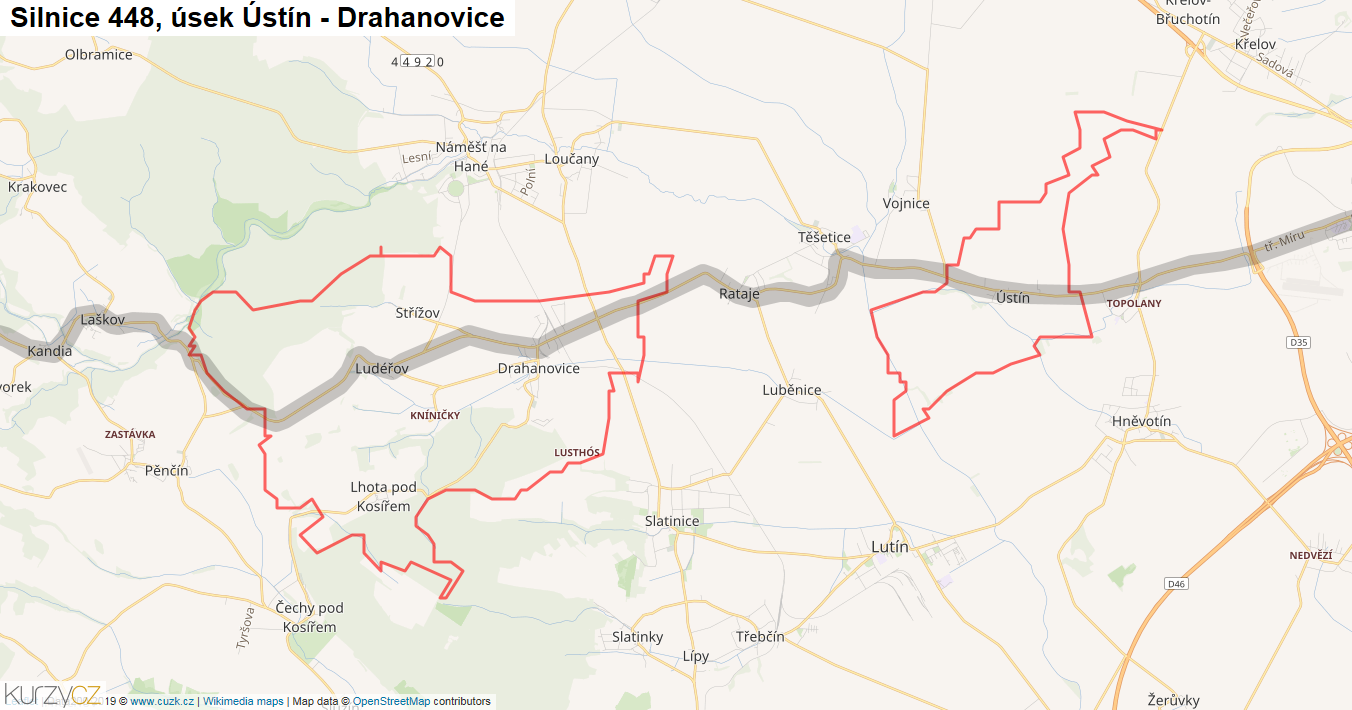 Úsek Ústín - Drahanovice, Silnice 448 - Mapa